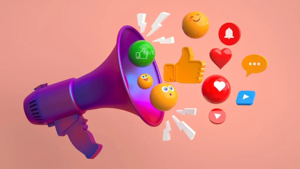 Ilustración de un megáfono que lanza likes, corazones y comentarios representando el alcance de marca en redes sociales.