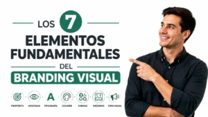 La frase de los siete elementos fundamentales del branding visual y una persona apuntando hacia esa frase.
