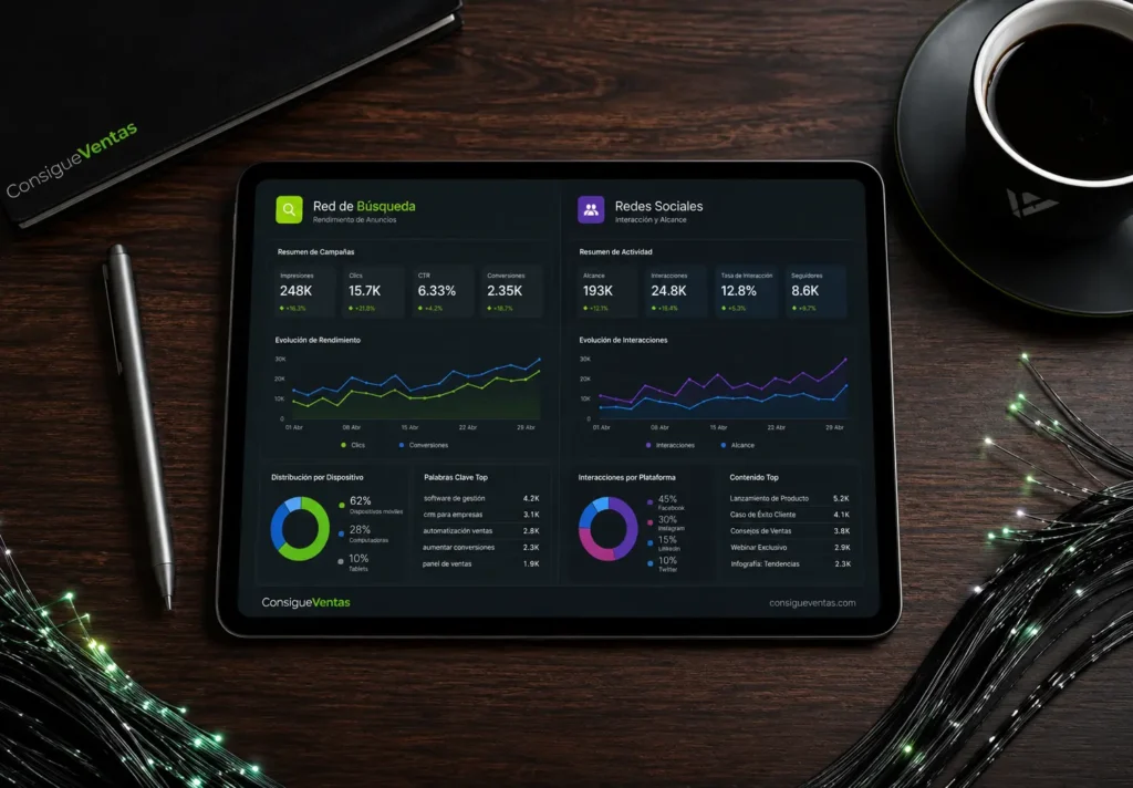 Se observa un Dashboard donde me muestran metricas de comparacion entre google ads vs facebook ads