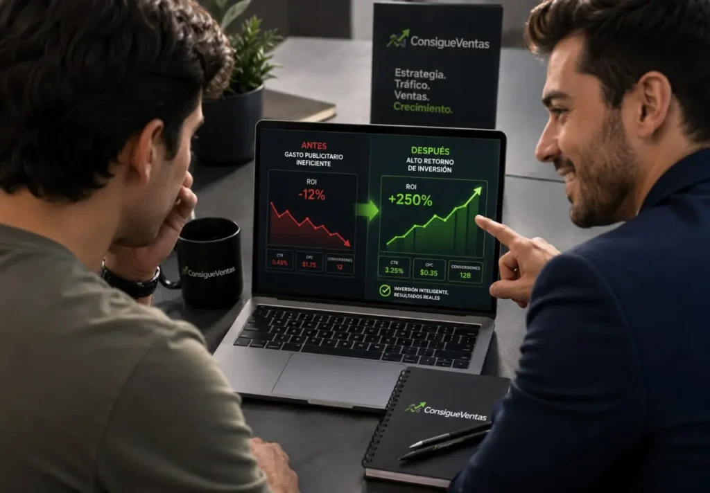 Especialista en marketing corporativo optimizando la inversión tras un intento inicial del cliente de crear una campaña de Google Ads sin agencia, logrando maximizar el ROAS.