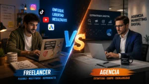 Una imagen donde se enfrenta un freelancer de marketing en la derecha y en la izquierda un trabajador de una agencia de marketing.