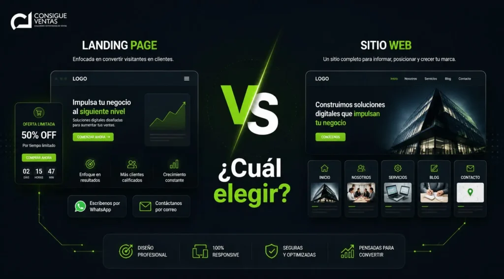 imagen donde estan enfrentadas las ventajas y desventajas entre una landing page vs una pagina web
