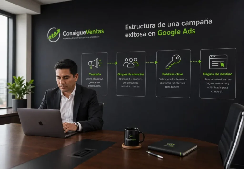 Infografía fotorrealista del proceso técnico y arquitectura correcta para crear una campaña de Google Ads sin agencia optimizando el presupuesto
