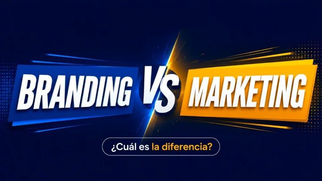 El texto de branding y marketing entre un texto de versus con una pregunta bajo qué dice ¿cual es la diferencia?