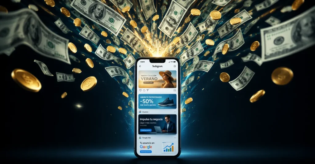 Un telefono al que está entrando dinero billetes ,dando la sensación del consumo de dinero en publicidad