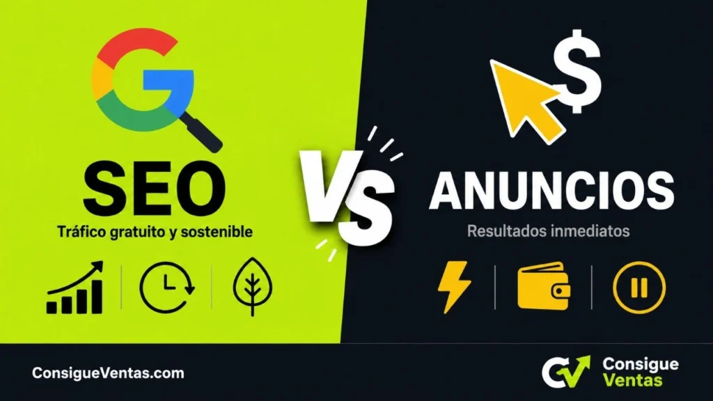 SEO vs anuncios para emprendedores: comparación visual entre tráfico orgánico y publicidad pagada