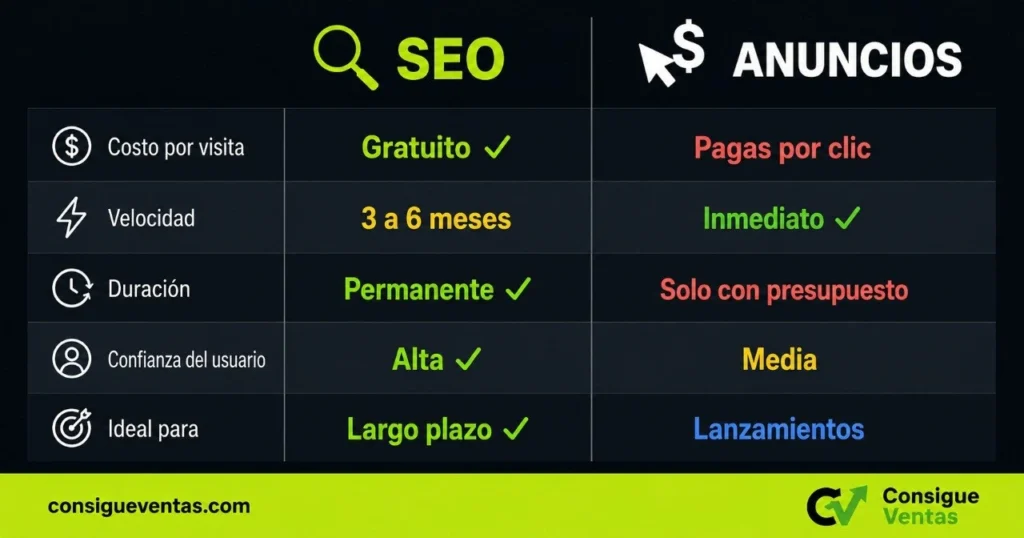 Tabla comparativa SEO vs anuncios pagados para emprendedores: costo, velocidad, duración y confianza del usuario