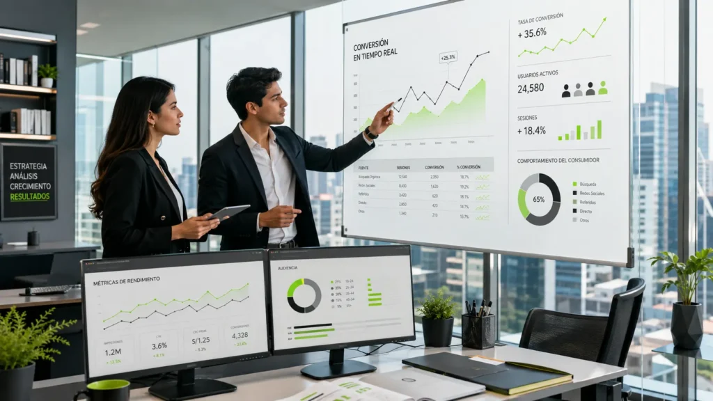 Especialistas en marketing digital analizando métricas de rentabilidad y ROI en oficina de Lima para empresas locales al contratar community manager Lima en 2026