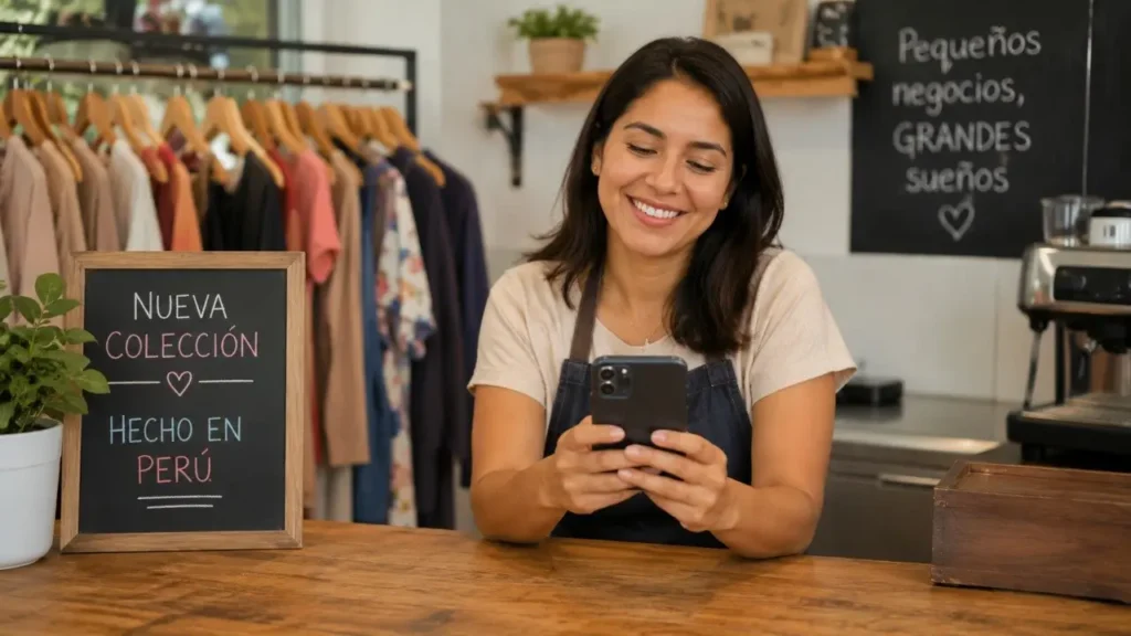 Emprendedora gestionando su embudo de ventas con WhatsApp desde su negocio