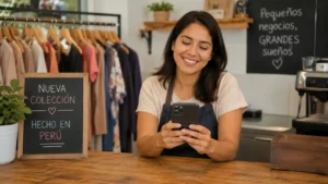 Emprendedora gestionando su embudo de ventas con WhatsApp desde su negocio