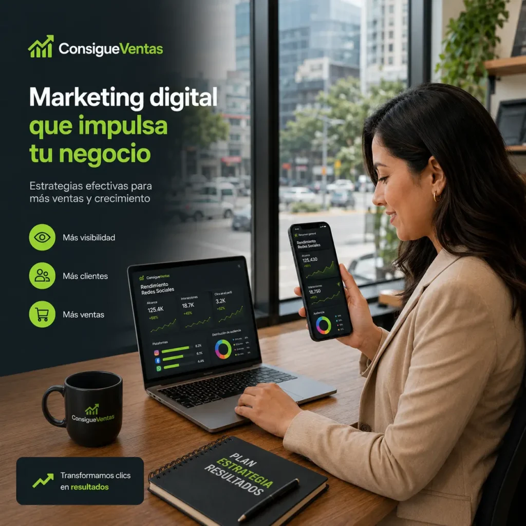 Emprendedora en Lima gestionando la estrategia de redes sociales de su negocio en laptop y celular