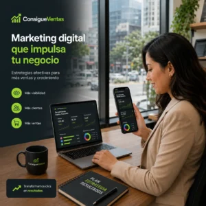 Emprendedora en Lima gestionando la estrategia de redes sociales de su negocio en laptop y celular