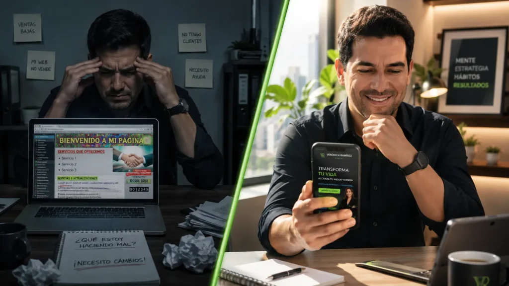 Antes y después de optimizar una página web de coaching en Perú