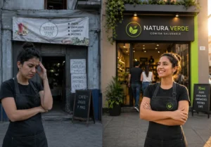 Emprendedora en Lima gestionando la estrategia de redes sociales de su negocio en laptop y celular