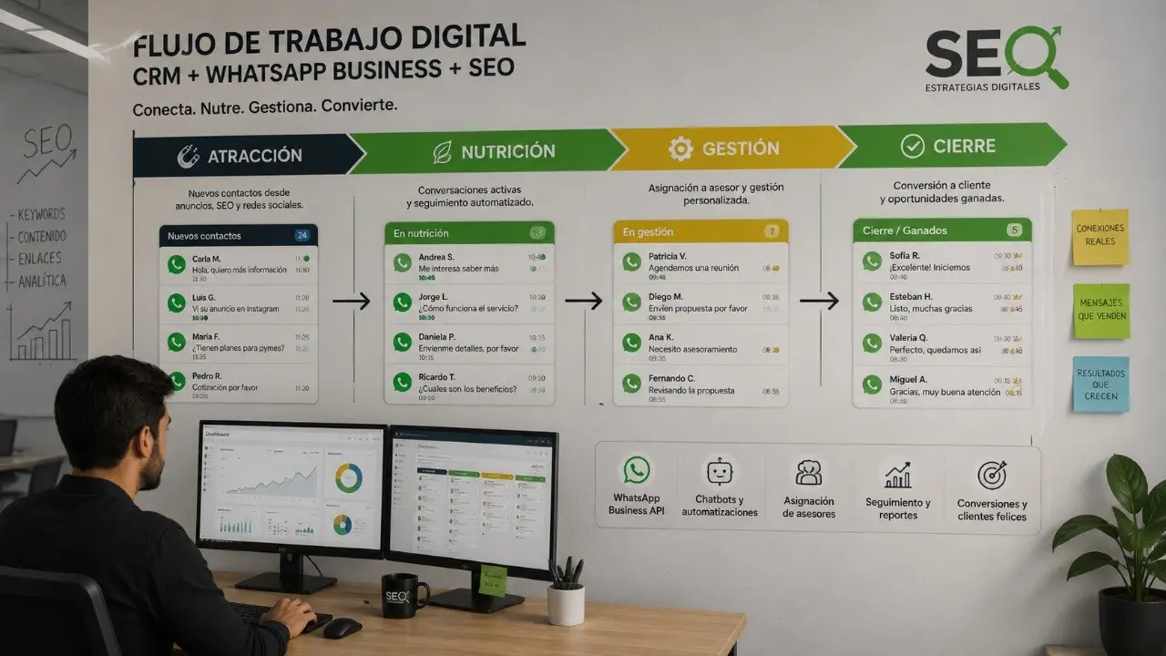 Panel de automatización mostrando las etapas de un embudo de ventas con WhatsApp