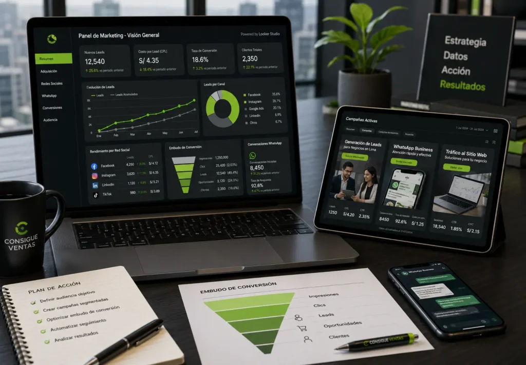 Flujo de trabajo profesional y embudo de ventas digital en redes sociales utilizado para generar leads y conversiones tras contratar community manager Lima en empresas de Perú.