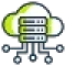 Icono de hosting y dominio con nube y servidores, representando Acceso + Hosting y Dominio